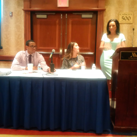Using Facebook Live, Errol Barnett, correspondent for CBS News, transmits a Wednesday panel, "Innovative Journalism: How Journalists Can Use Snapchat, Facebook Live, Periscope and Instagram to Break News."Tanya Sichynski, embedded social media editor at the Washington Post, is center. Correspondent Michelle Miller of CBS News is standing.)